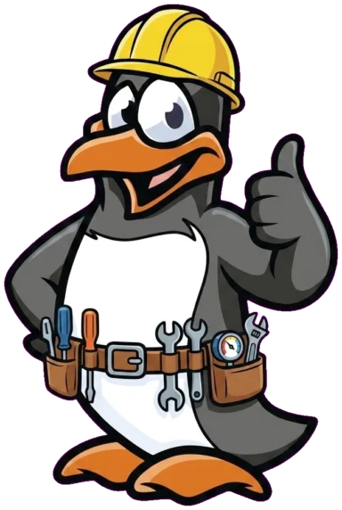 Penguin mascot in a hard hat and tool belt giving a thumbs up | Precision Air