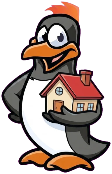 Penguin mascot holding a small house | Precision Air