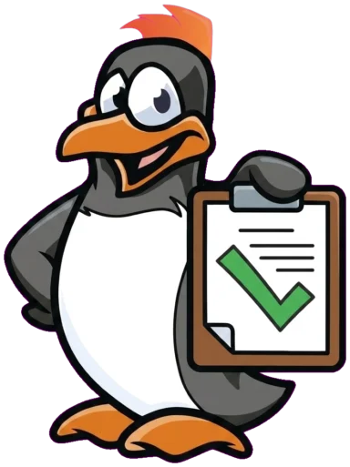 Penguin mascot holding a clipboard with a green checkmark | Precision Air