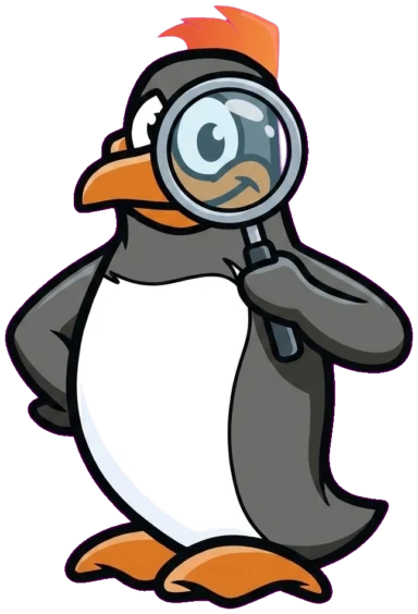 Penguin mascot looking through a magnifying glass | Precision Air