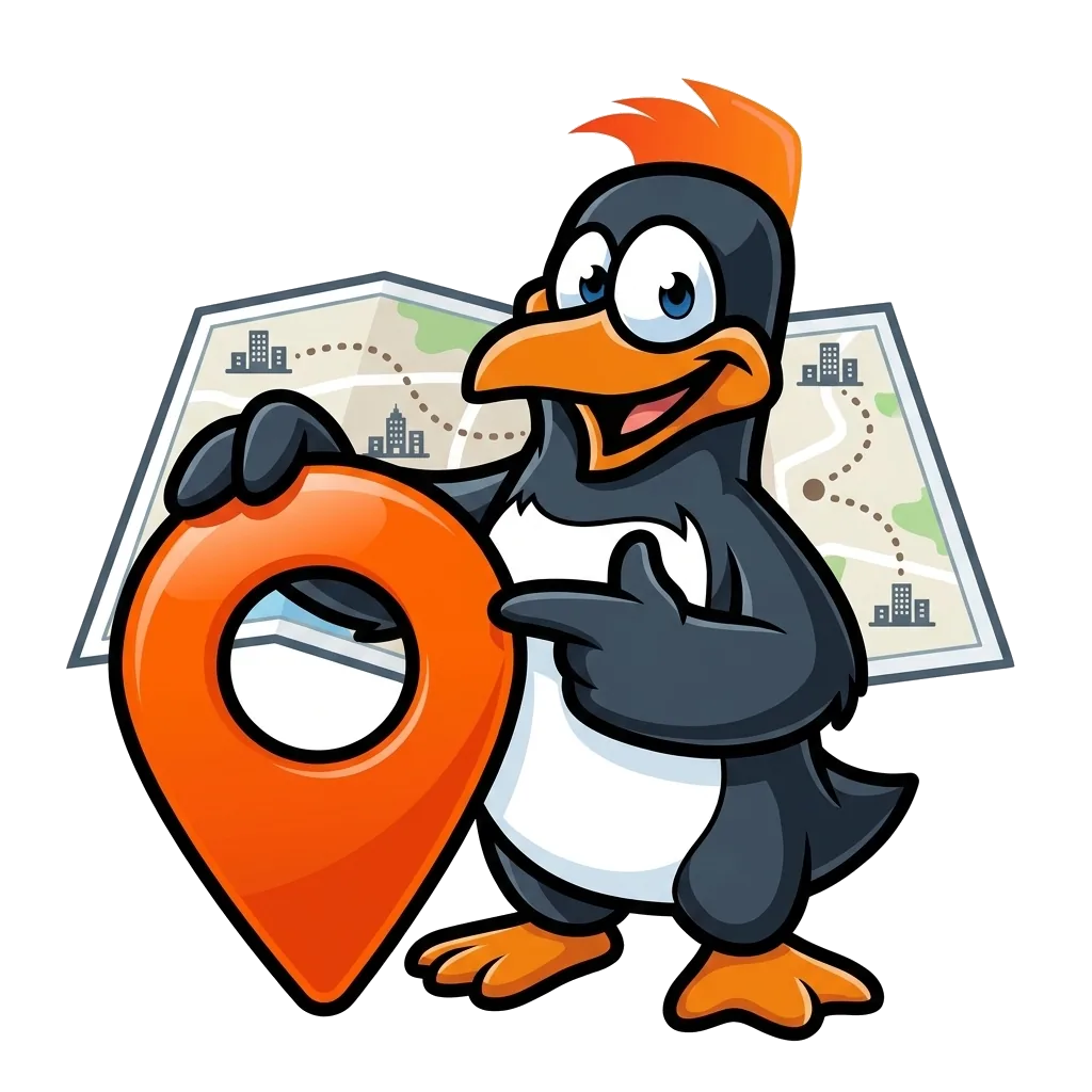 Precision Air penguin mascot holding a map pin in front of a service-area map