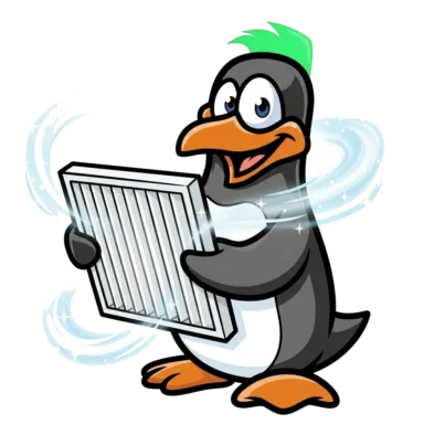 Precision Air penguin mascot holding a clean air filter with fresh air swirling around it