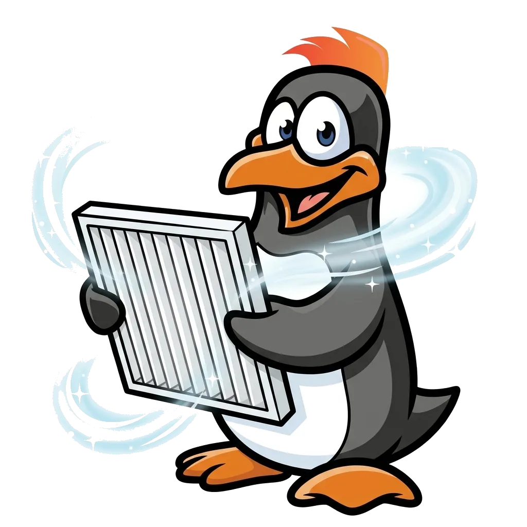 Precision Air penguin mascot holding a clean air filter with fresh air swirling around it