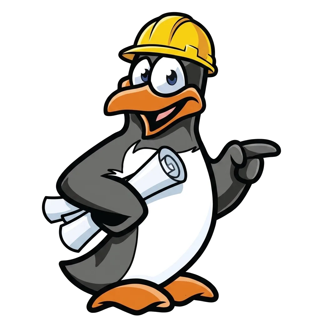 Penguin mascot in a hard hat holding rolled blueprints | Precision Air