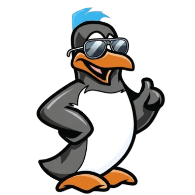 Precision Air penguin mascot in sunglasses giving a thumbs up