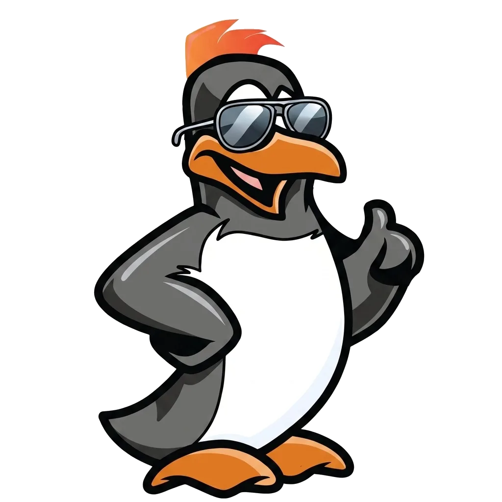 Precision Air penguin mascot in sunglasses giving a thumbs up