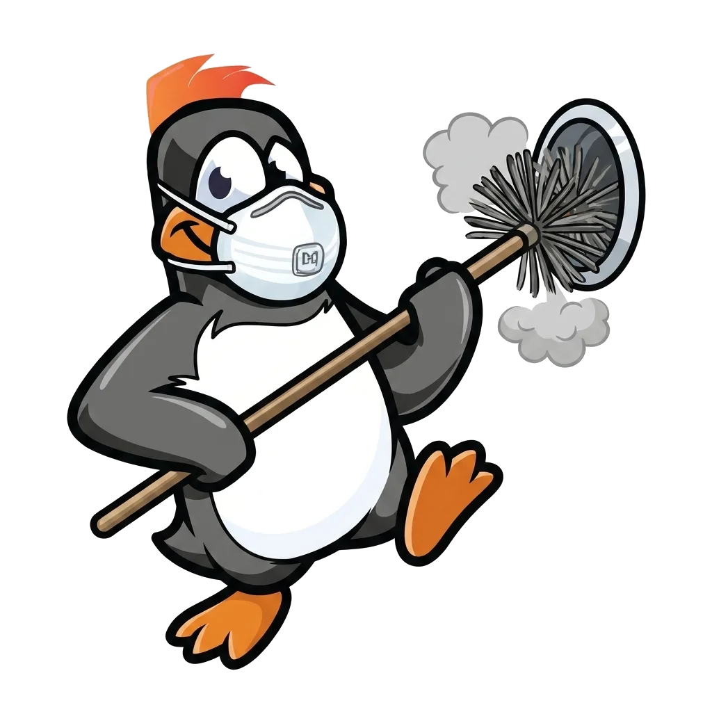 Penguin mascot in a dust mask cleaning an air duct with a long brush | Precision Air