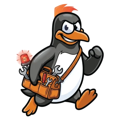 Precision Air emergency penguin with a tool belt, ready for 24/7 HVAC service