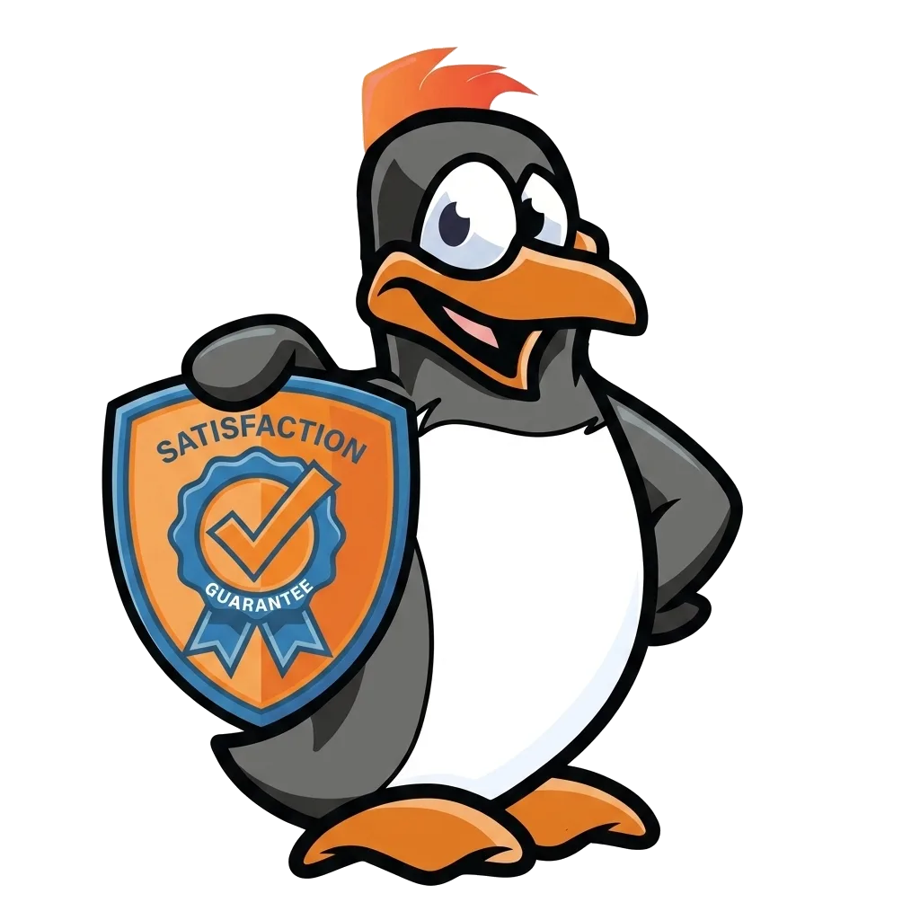 Precision Air penguin mascot holding a satisfaction guarantee shield