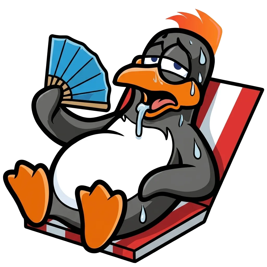 Overheated penguin mascot fanning itself on a lounge chair in the summer heat | Precision Air