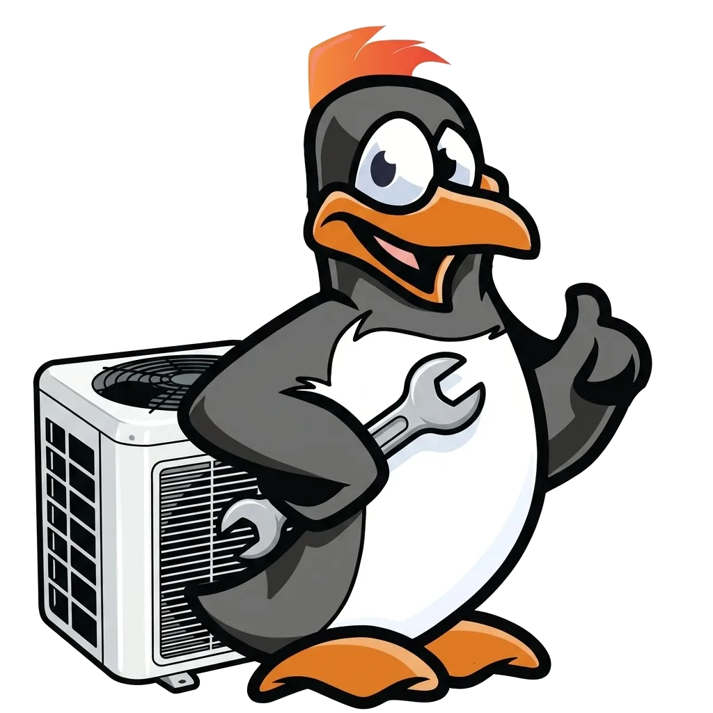 Precision Air penguin mascot with a wrench beside an outdoor AC condenser unit