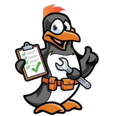 Precision Air penguin mascot with a tool belt holding a maintenance checklist and wrench