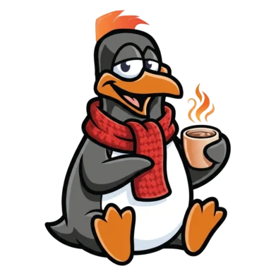 Precision Air penguin mascot in a red scarf warming up with a hot drink