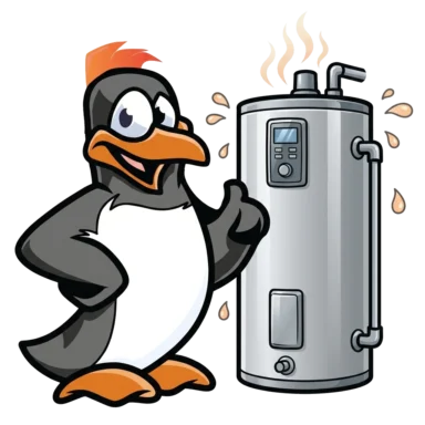 Precision Air penguin mascot leaning on a tank water heater
