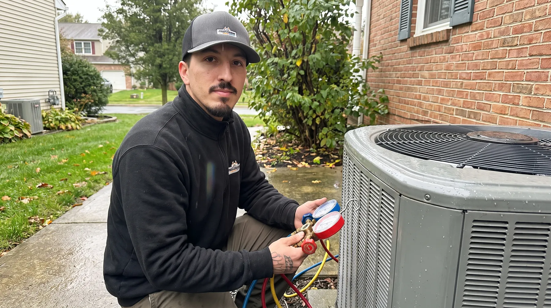Precision Air technician checking refrigerant pressure at an outdoor AC condenser