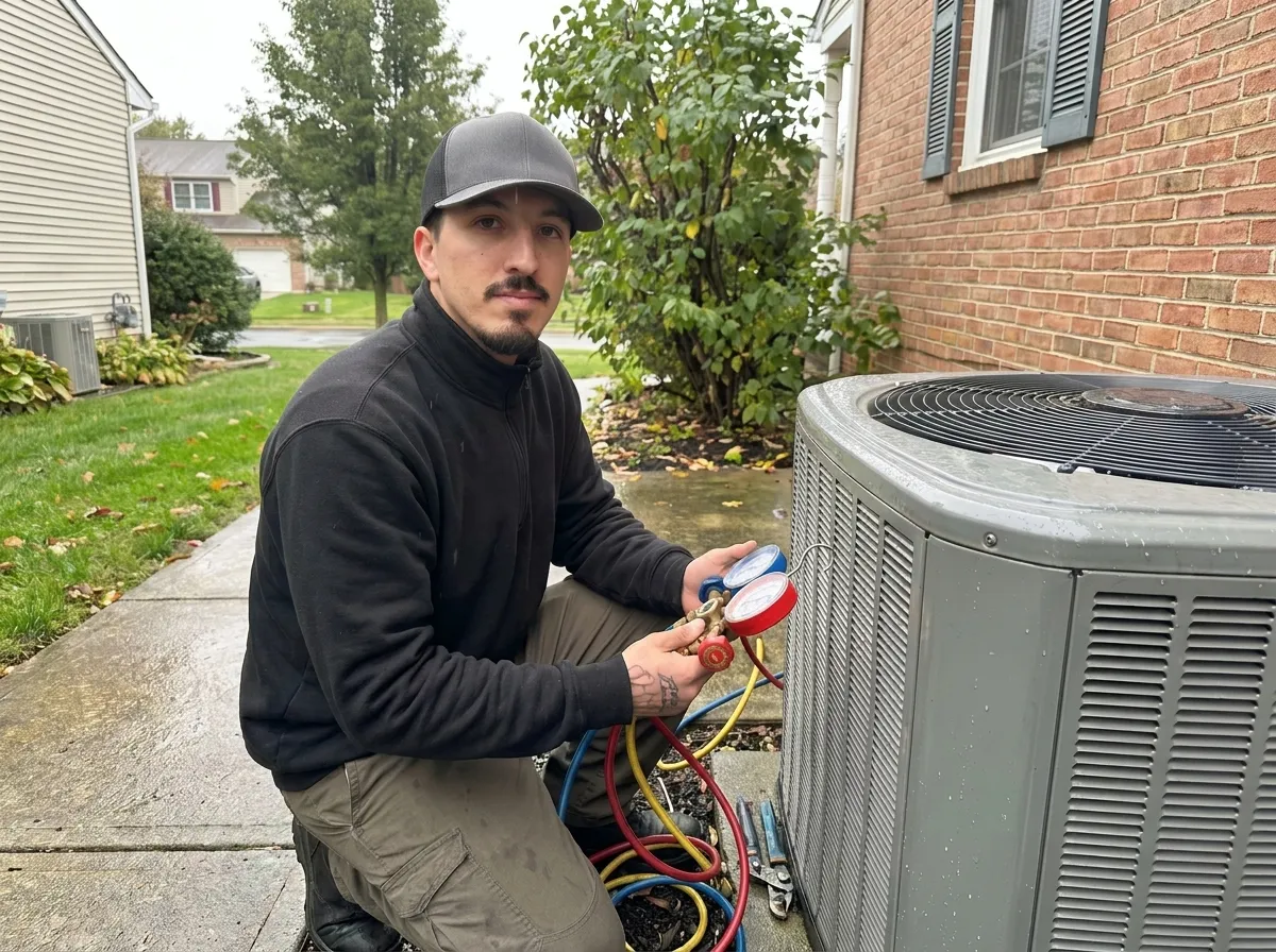 Precision Air technician checking refrigerant pressure on a residential AC condenser