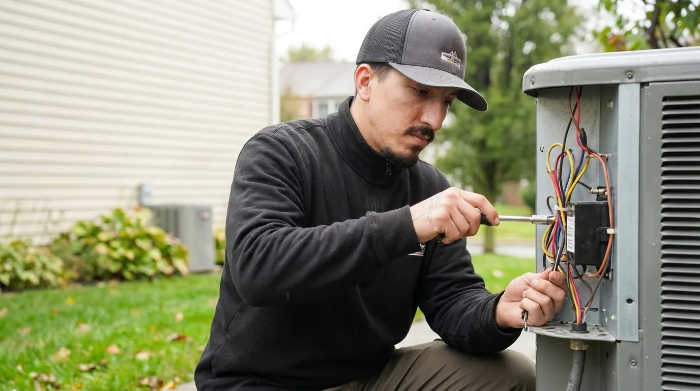 Precision Air technician repairing an air conditioner in West Chester, PA