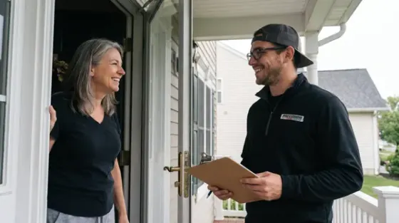 Precision Air technician reviewing a service checklist with a smiling homeowner at her door