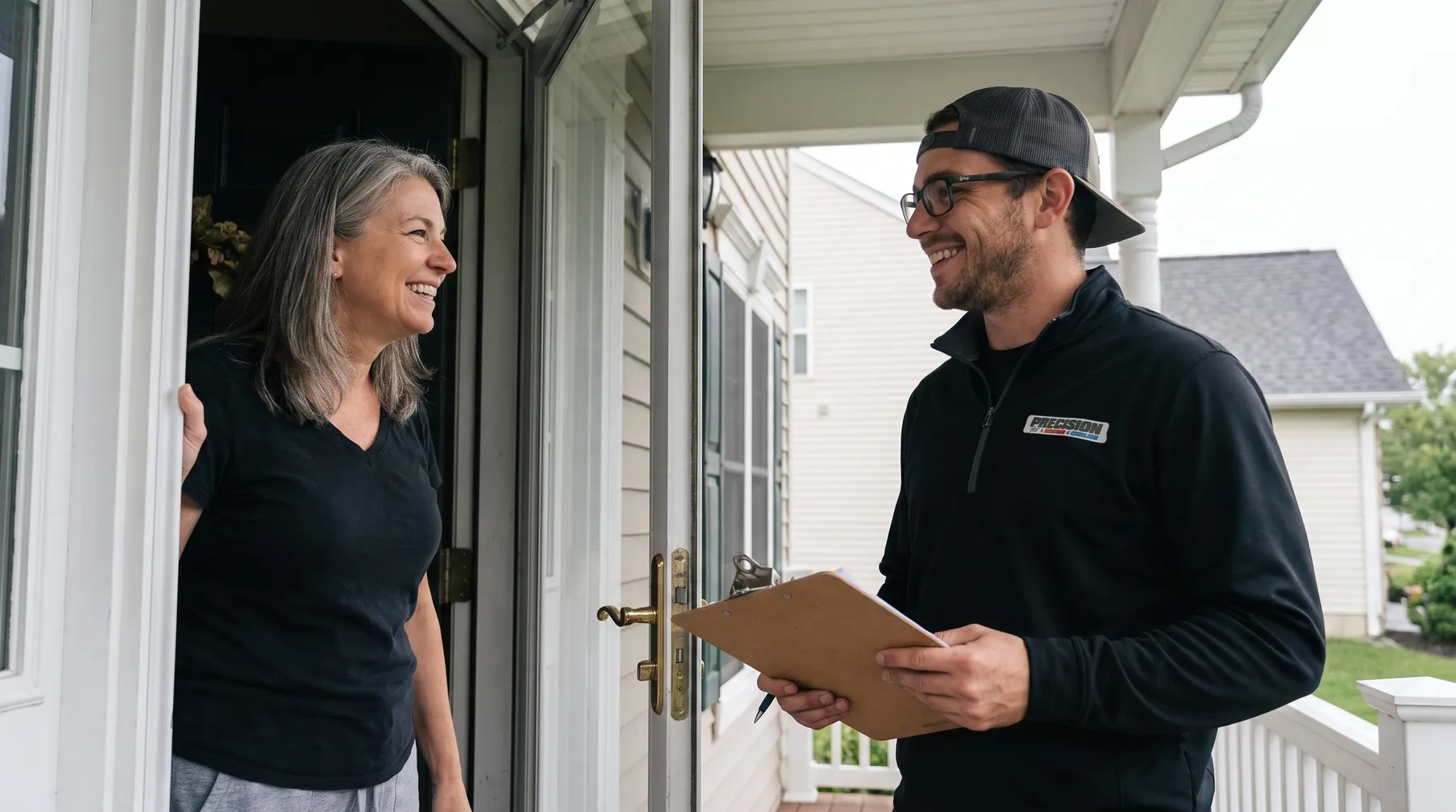Precision Air technician greeting a smiling homeowner at the front door