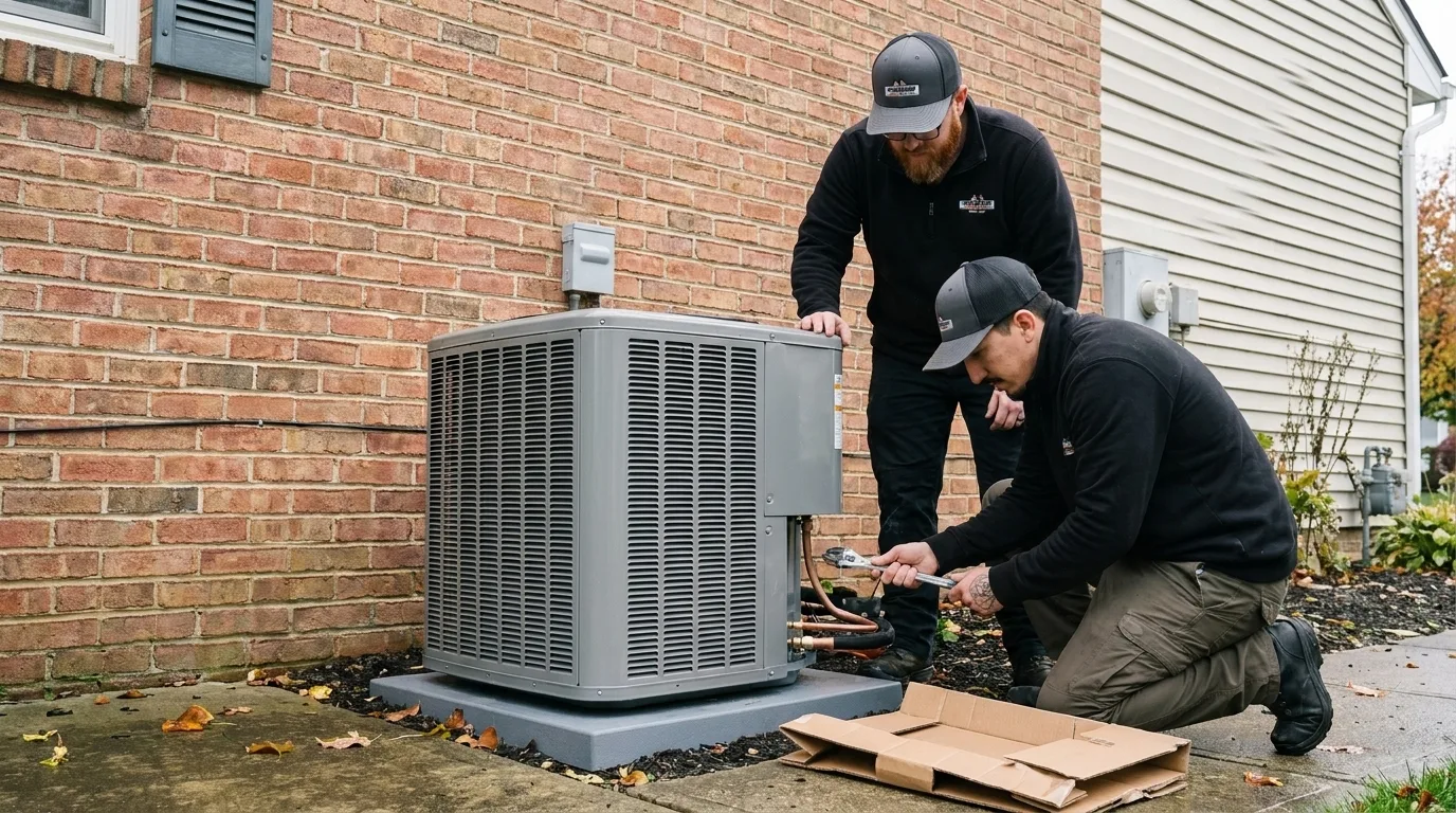 Precision Air technicians installing a new air conditioner condenser on a composite pad beside a brick home in West Chester, PA