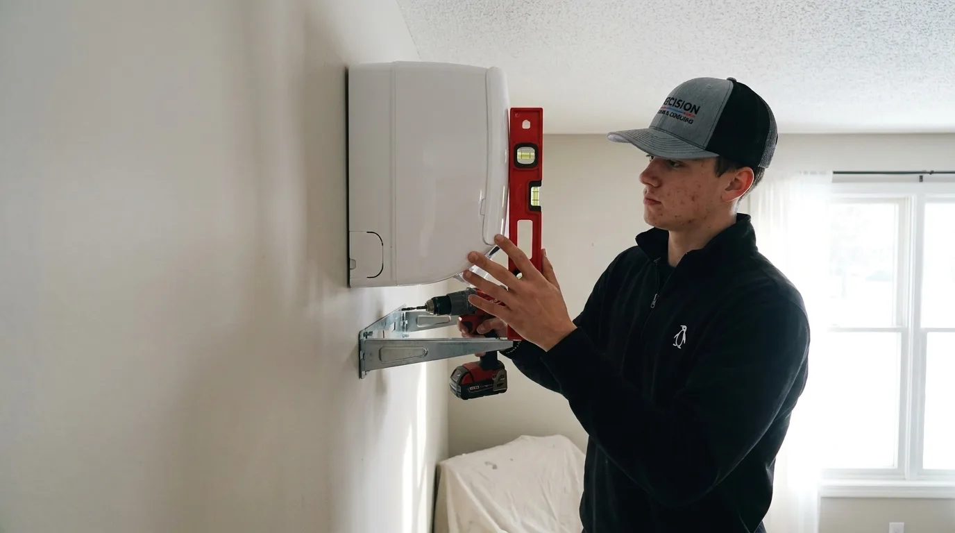 Precision Air technician mounting a ductless mini-split indoor unit high on a wall in a West Chester, PA home