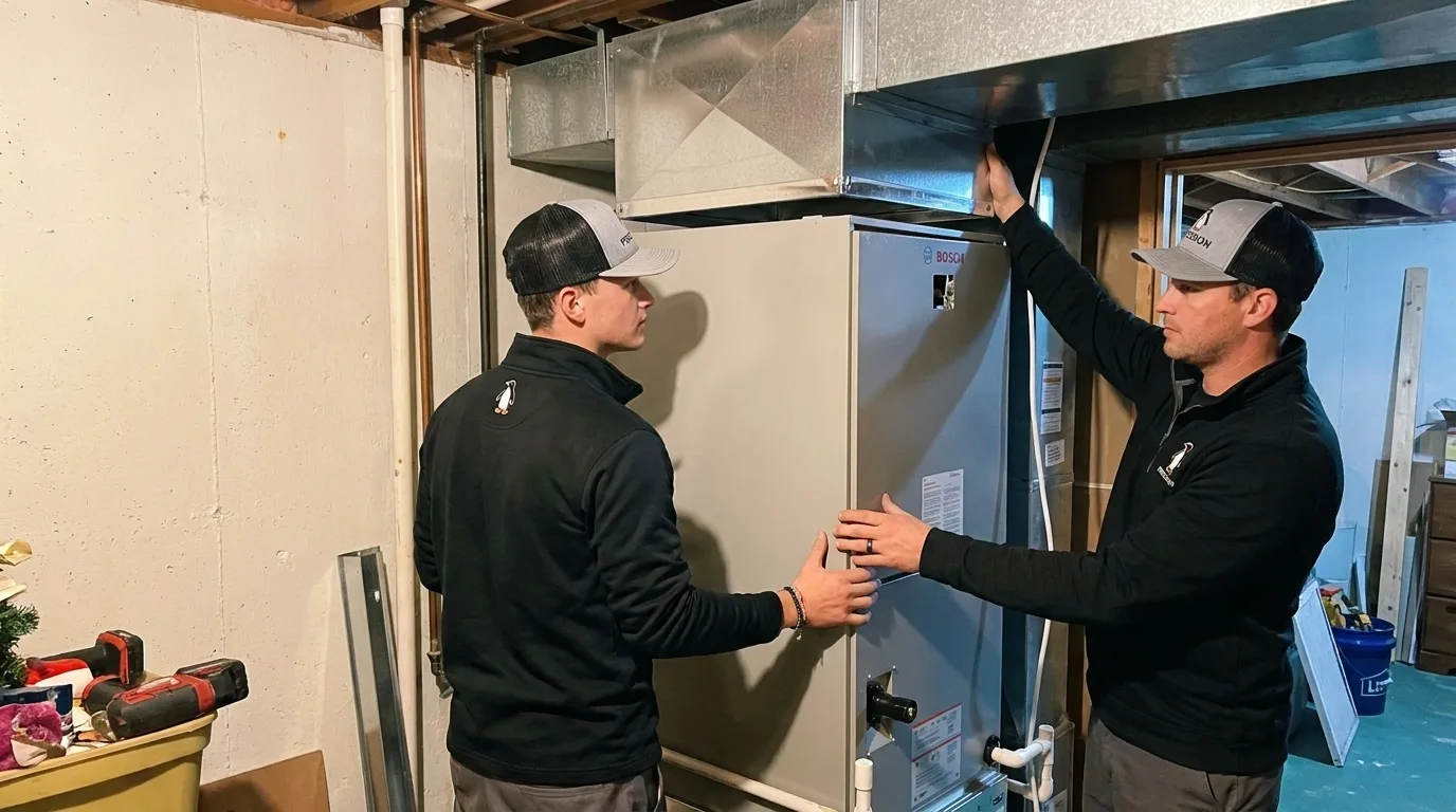 Precision Air technicians setting a new high-efficiency furnace into place in a West Chester, PA basement
