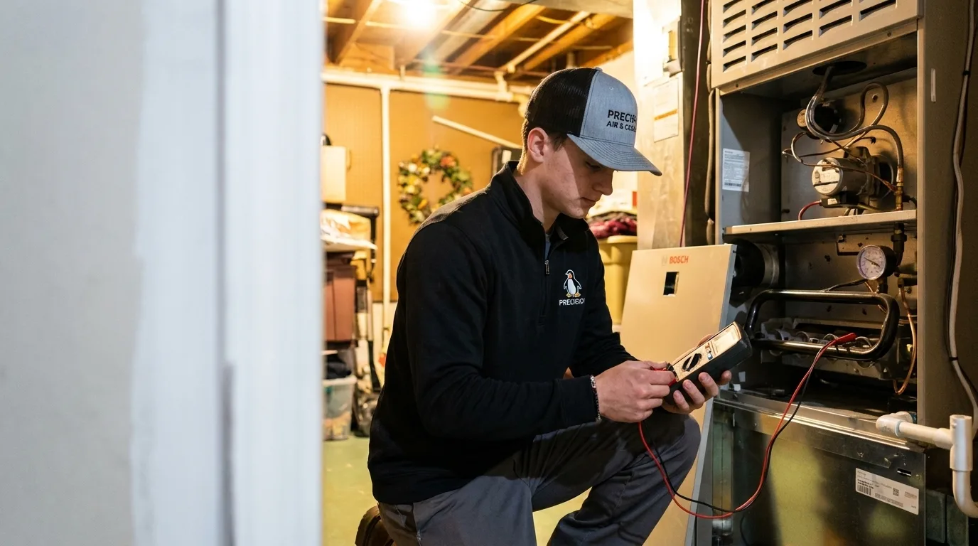 Precision Air technician diagnosing an open gas furnace with a multimeter in a West Chester, PA basement