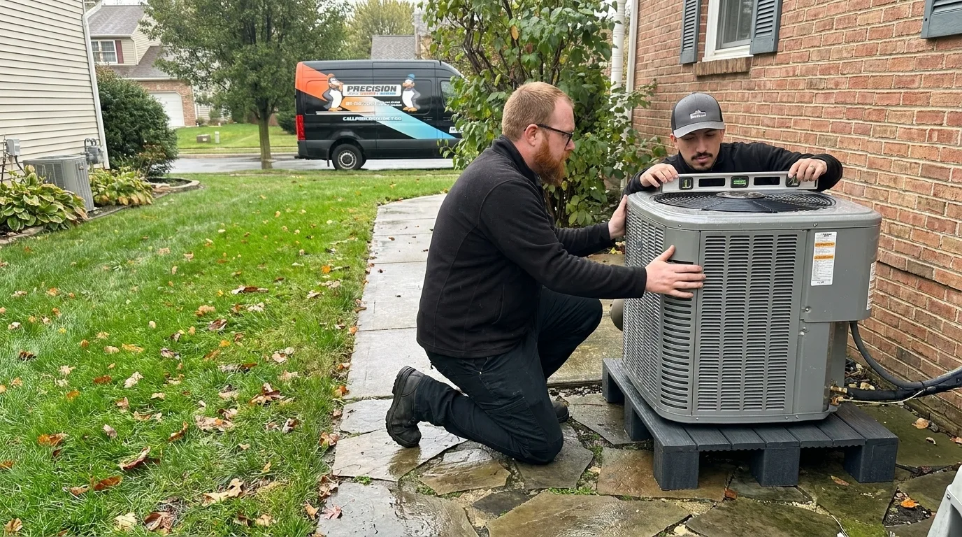 Precision Air technicians positioning a new heat pump onto risers beside a West Chester, PA home