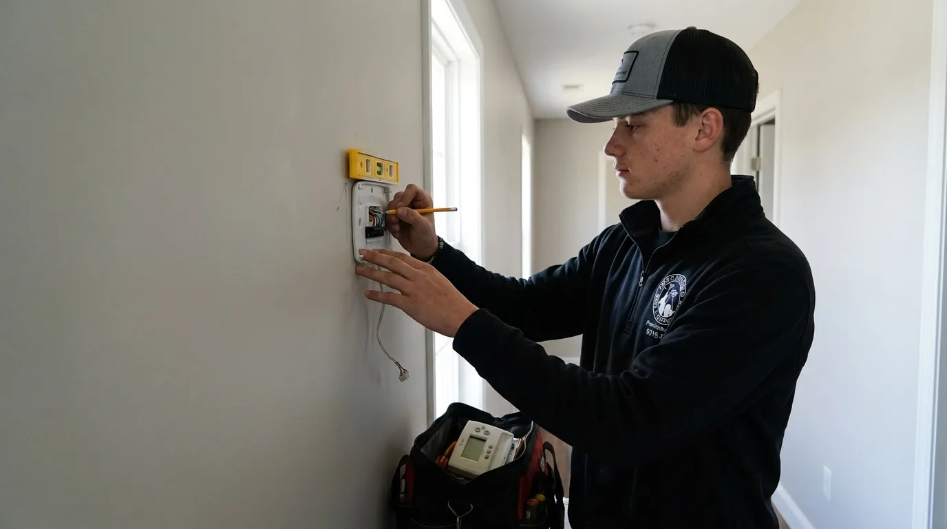 Precision Air technician installing a smart thermostat on a hallway wall in West Chester, PA