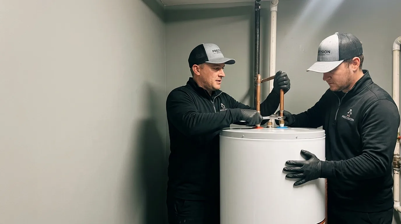Precision Air technicians fitting a new tank water heater into place in a West Chester utility room