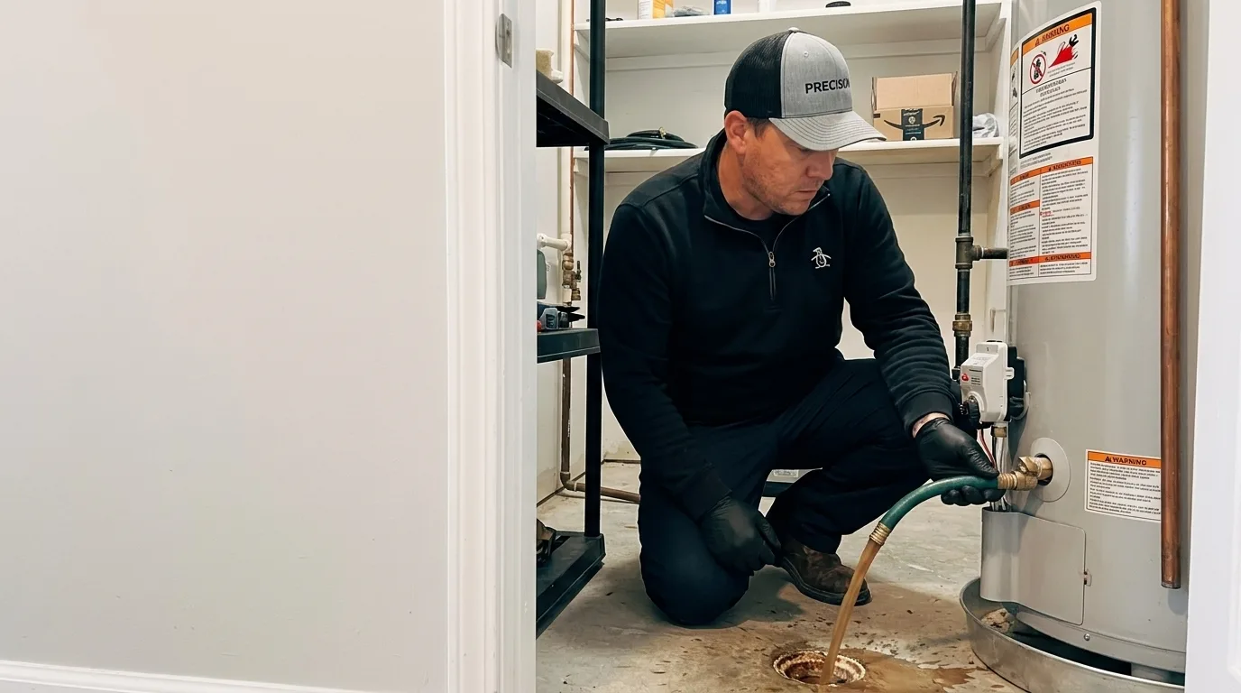 Precision Air technician flushing a tank water heater with a hose to a floor drain in West Chester