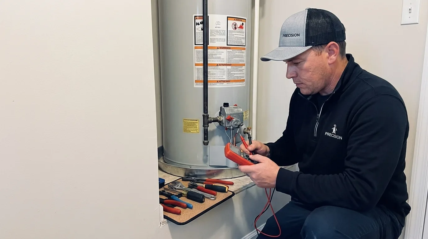 Precision Air technician testing the gas control valve on a tank water heater in a West Chester home