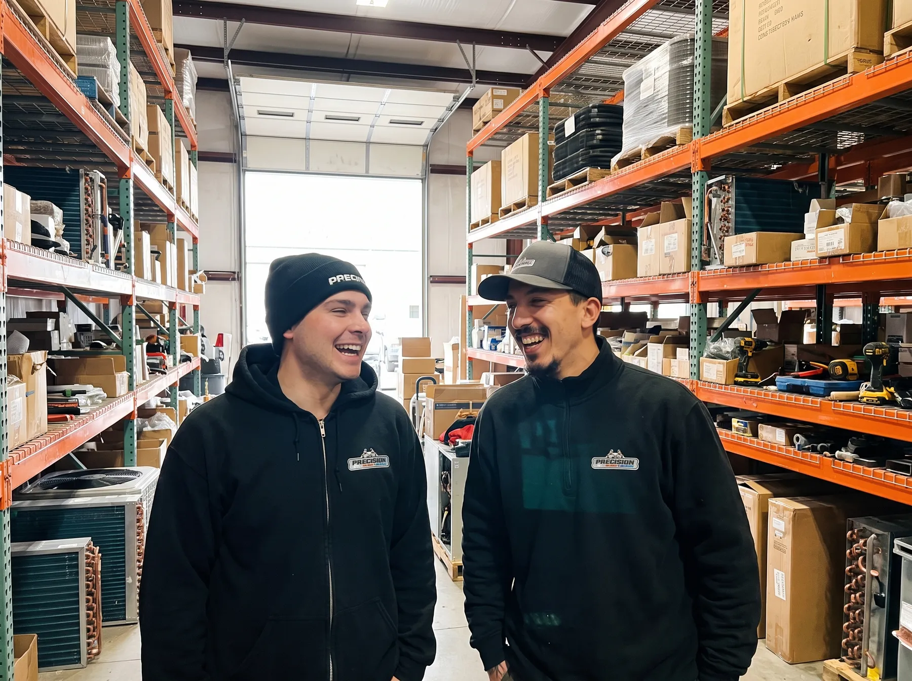 Two Precision Air team members sharing a laugh