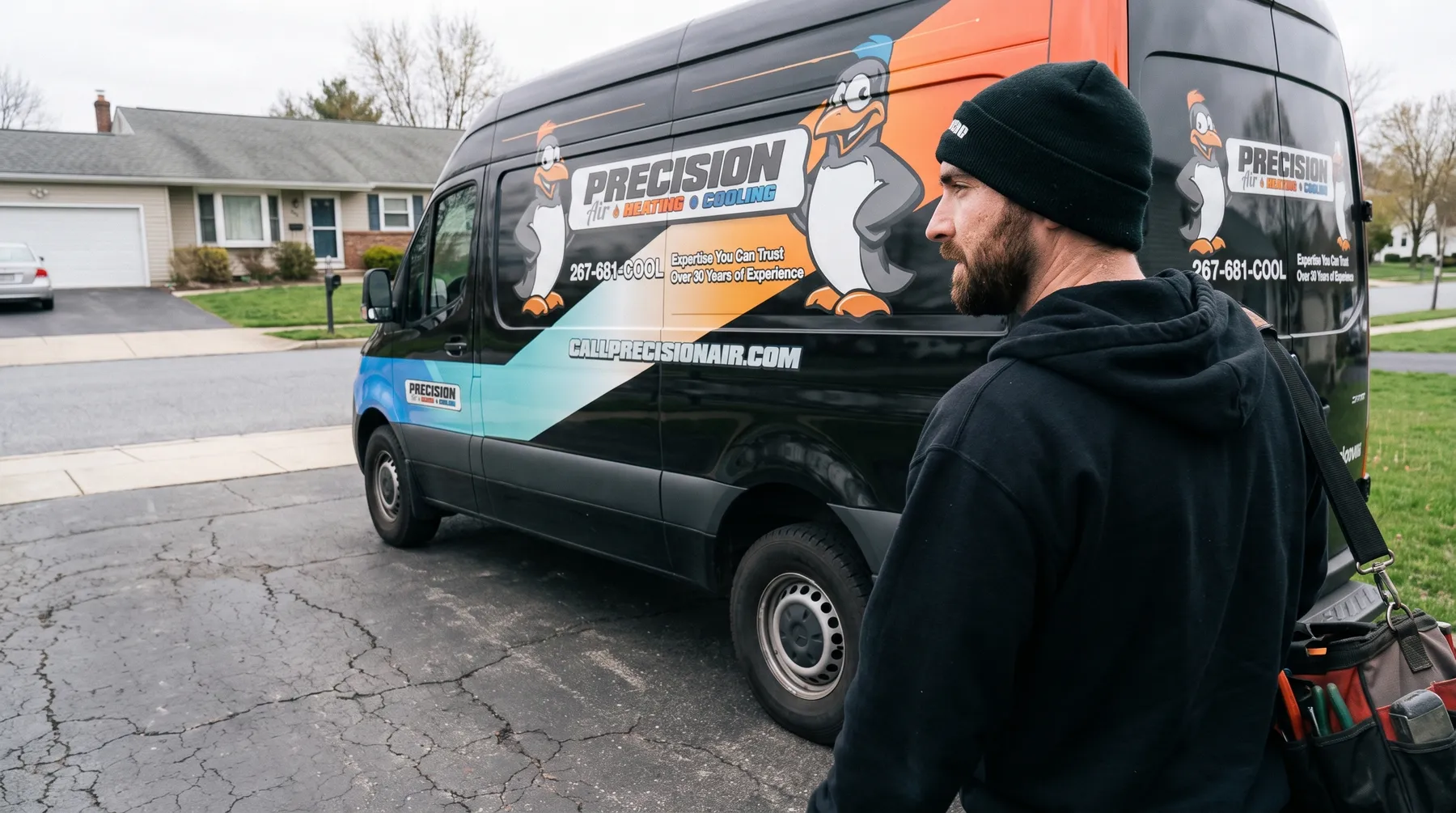 Precision Air technician with a service van outside a Chester County home