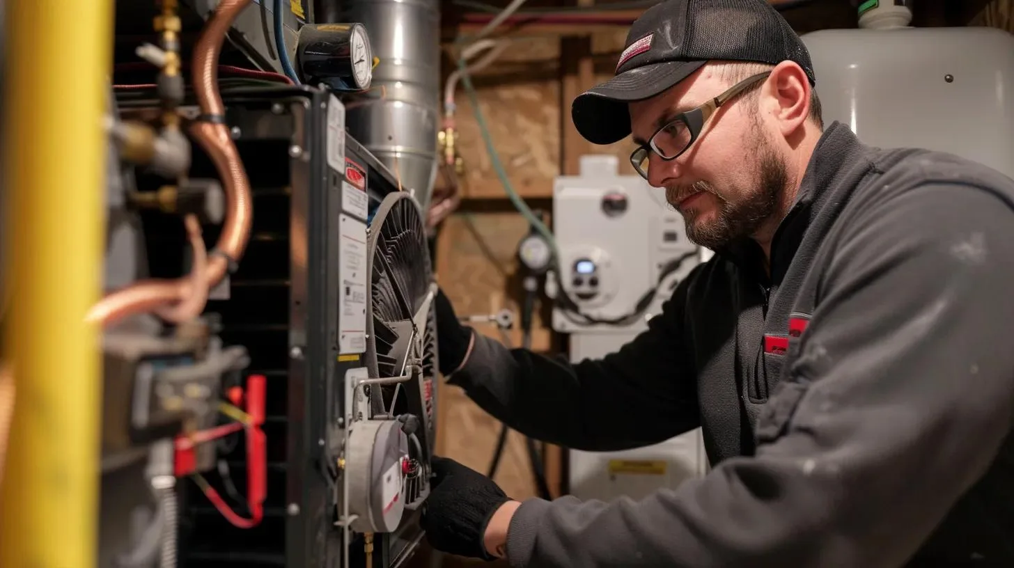 A Precision Air technician servicing an open furnace in a Chester County basement