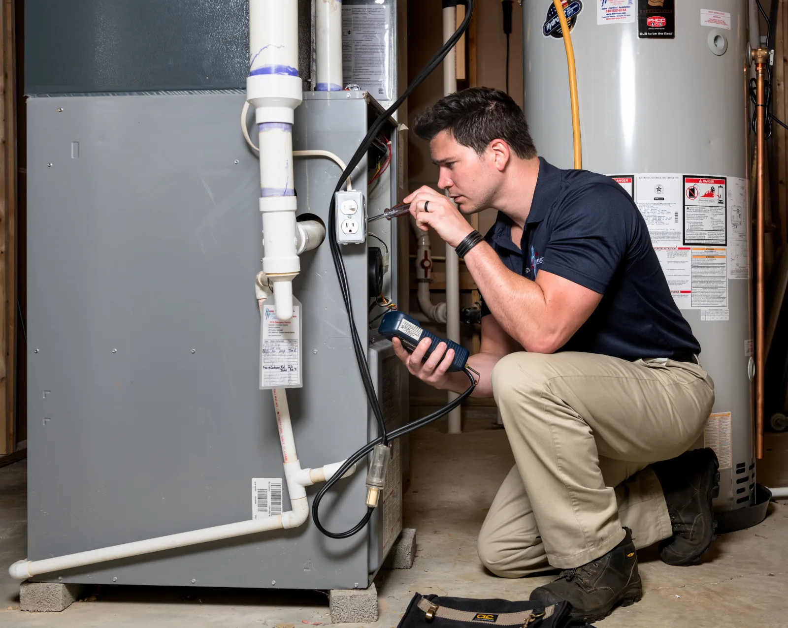A Precision Air technician testing a furnace during a fall tune-up in a West Chester basement