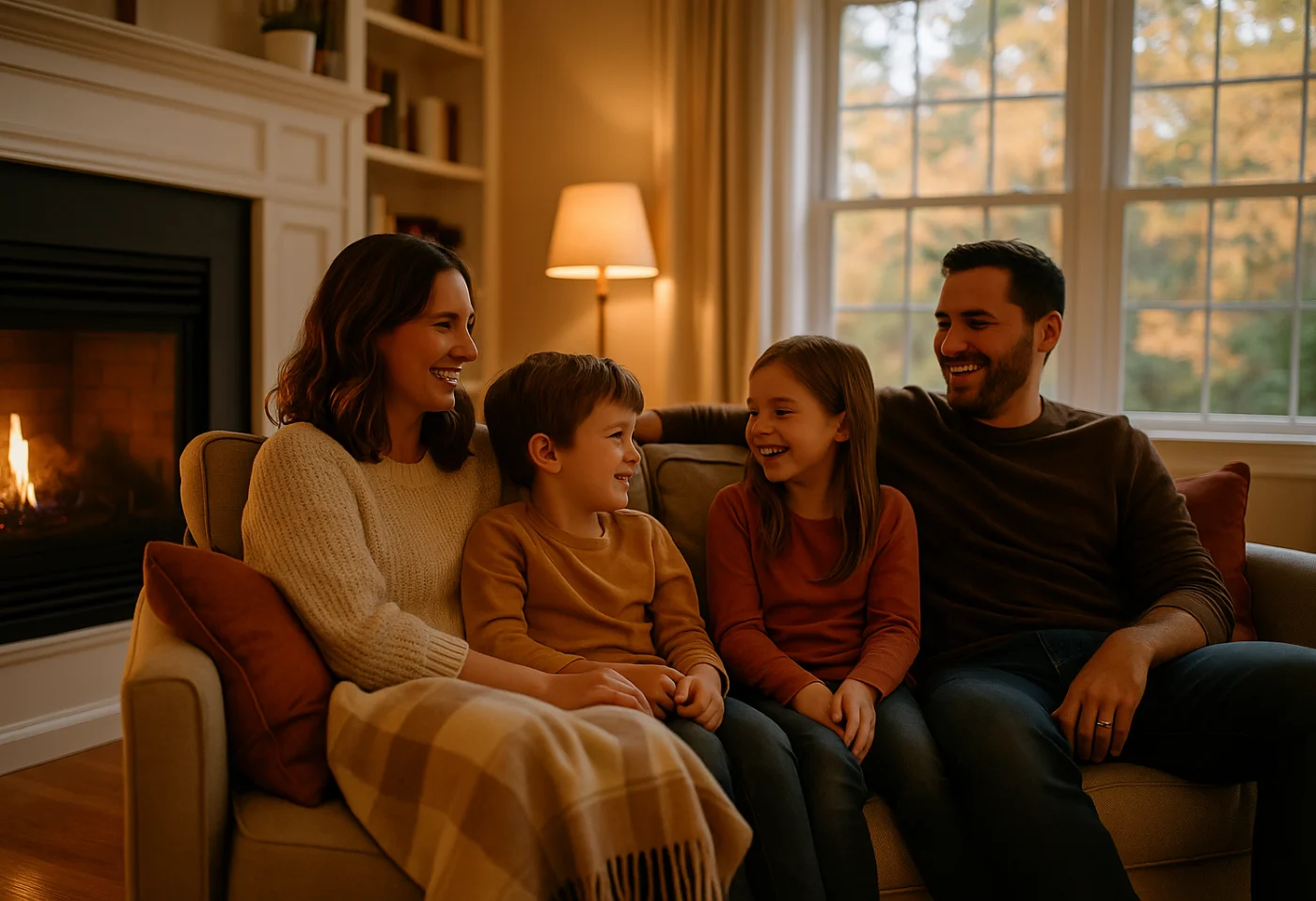 A Chester County family relaxing together on the sofa by a lit fireplace in a warm, evenly heated living room | Precision Air