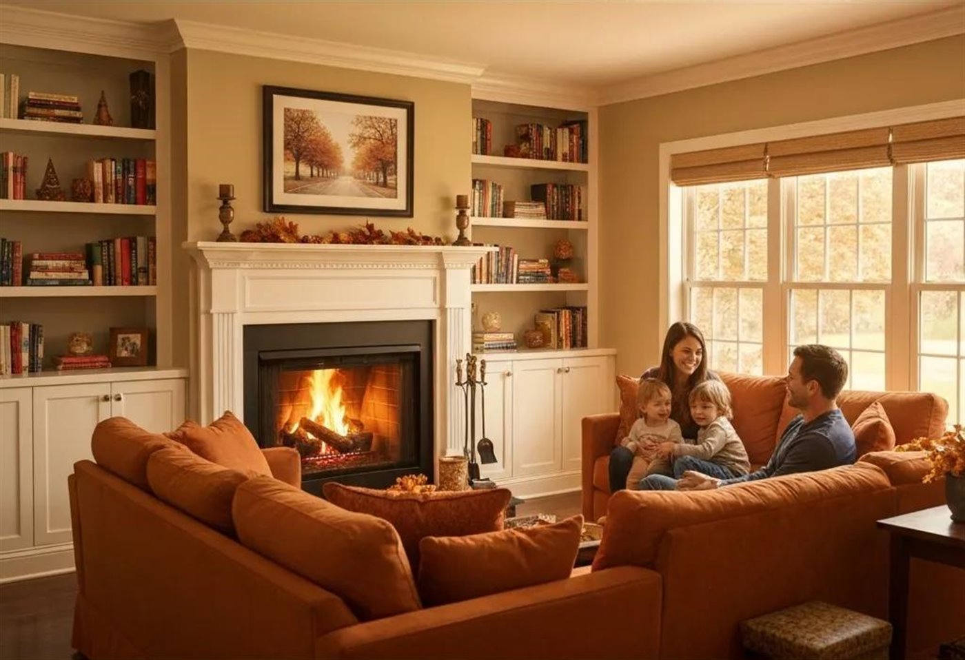 A West Chester family relaxing together by the fireplace in a comfortable, evenly heated living room | Precision Air