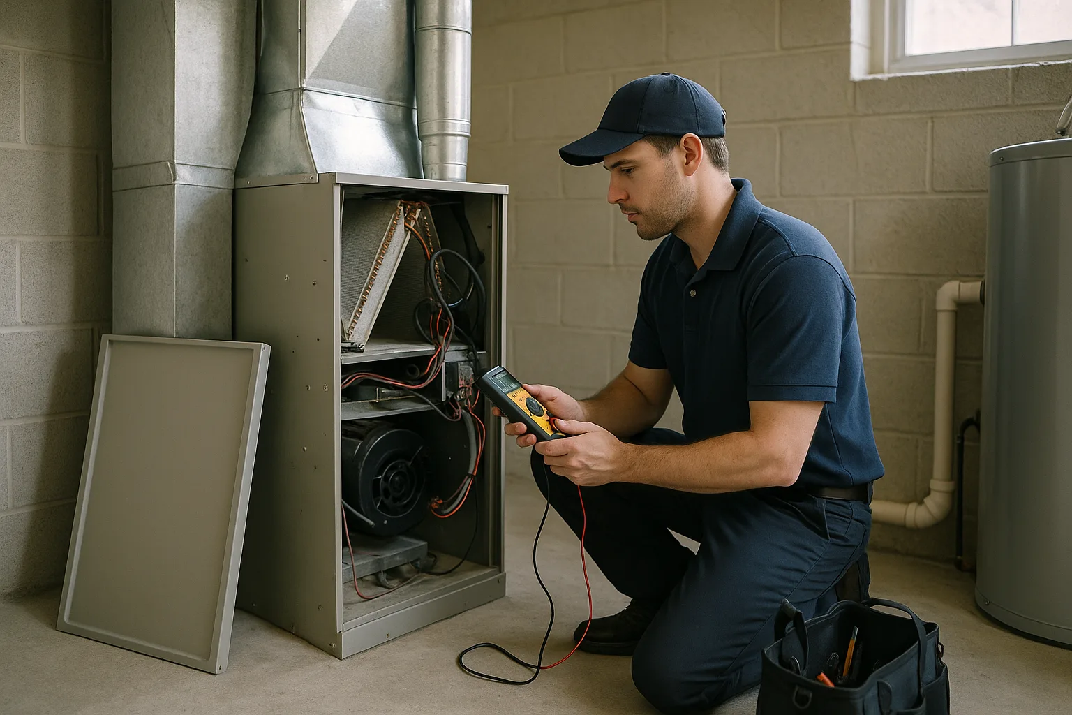 Precision Air technician testing the controls of an open gas furnace with a multimeter in a Chester County basement