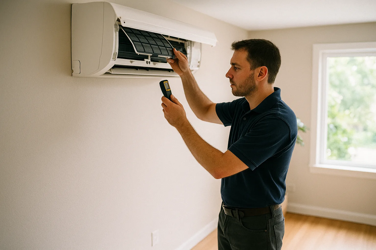 Precision Air technician checking airflow at an open ductless mini-split head in a West Chester living room
