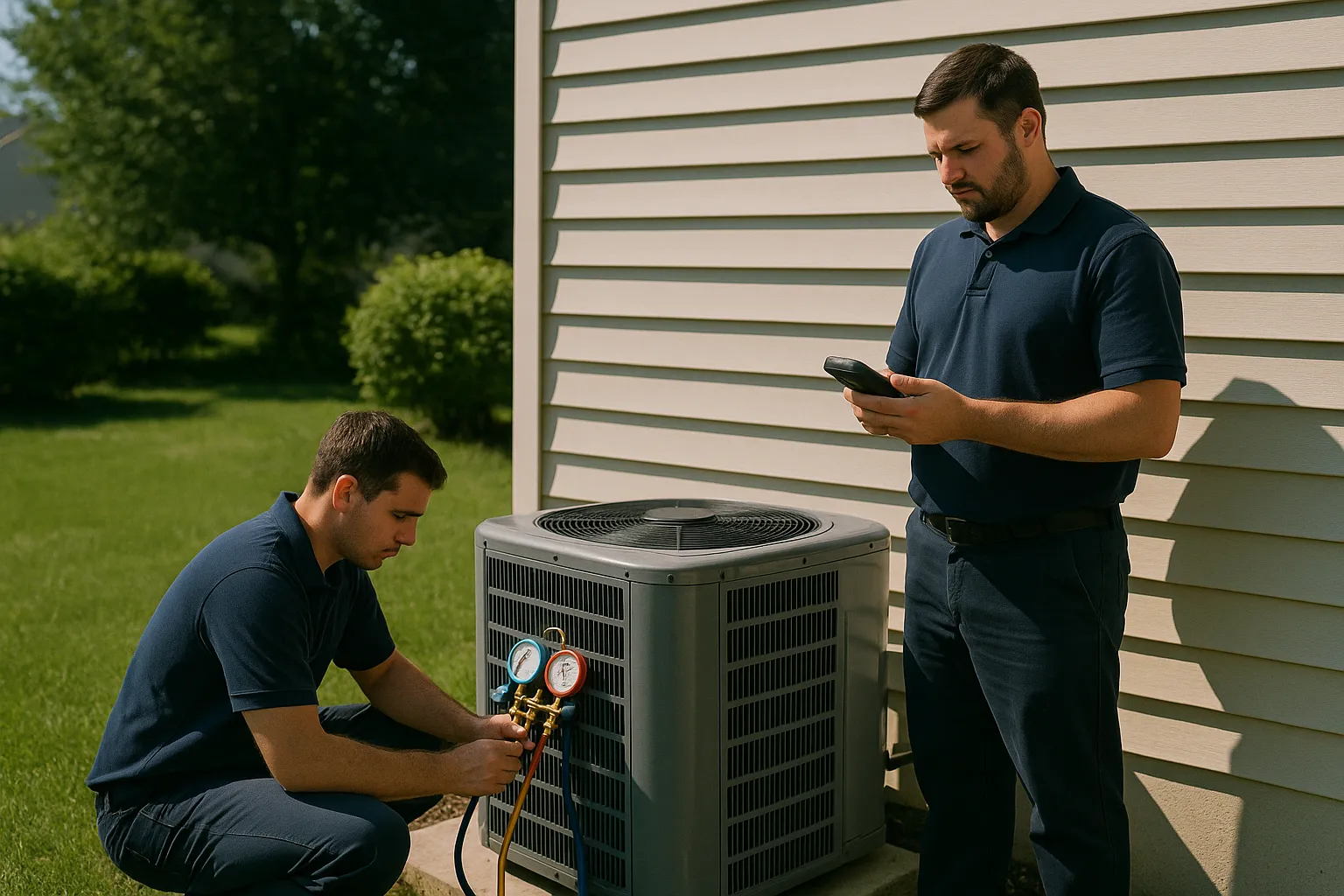 Two Precision Air technicians checking refrigerant pressures at a central air conditioner condenser beside a Chester County home