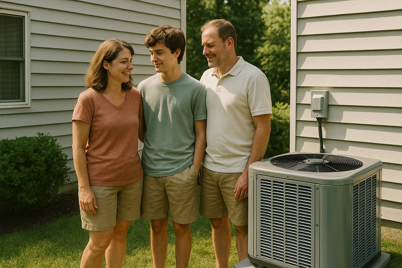A smiling couple and their teenage son in their side yard beside a newly installed central air conditioner condenser on a fresh pad | Precision Air