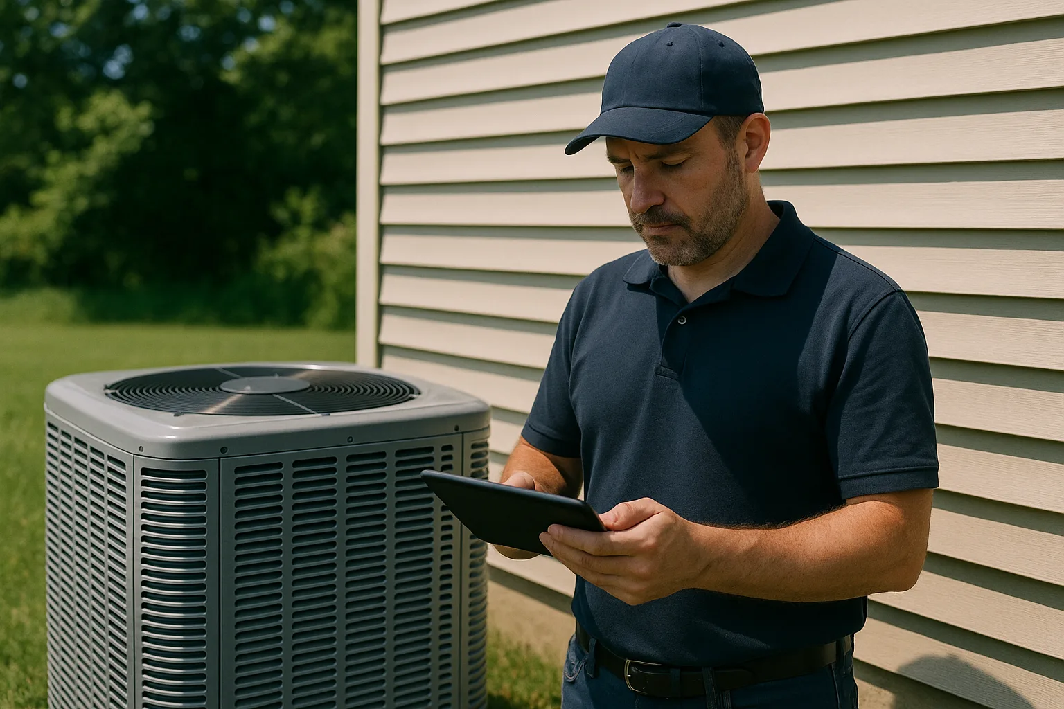 Precision Air project manager checking a tablet beside a new central air conditioner condenser at a Chester County home