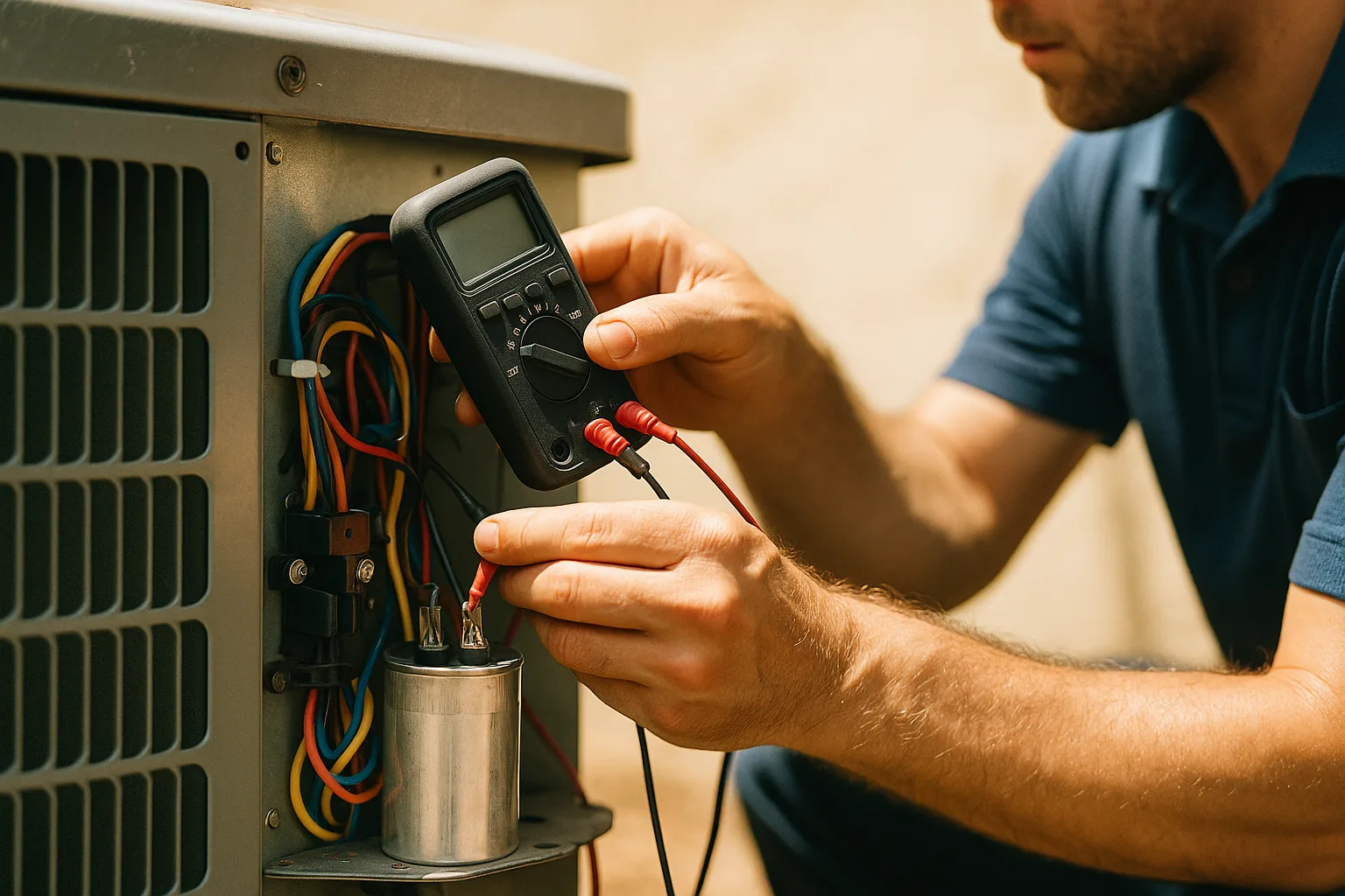 Precision Air technician testing an air conditioner capacitor with a digital multimeter inside the opened electrical compartment of an outdoor condenser