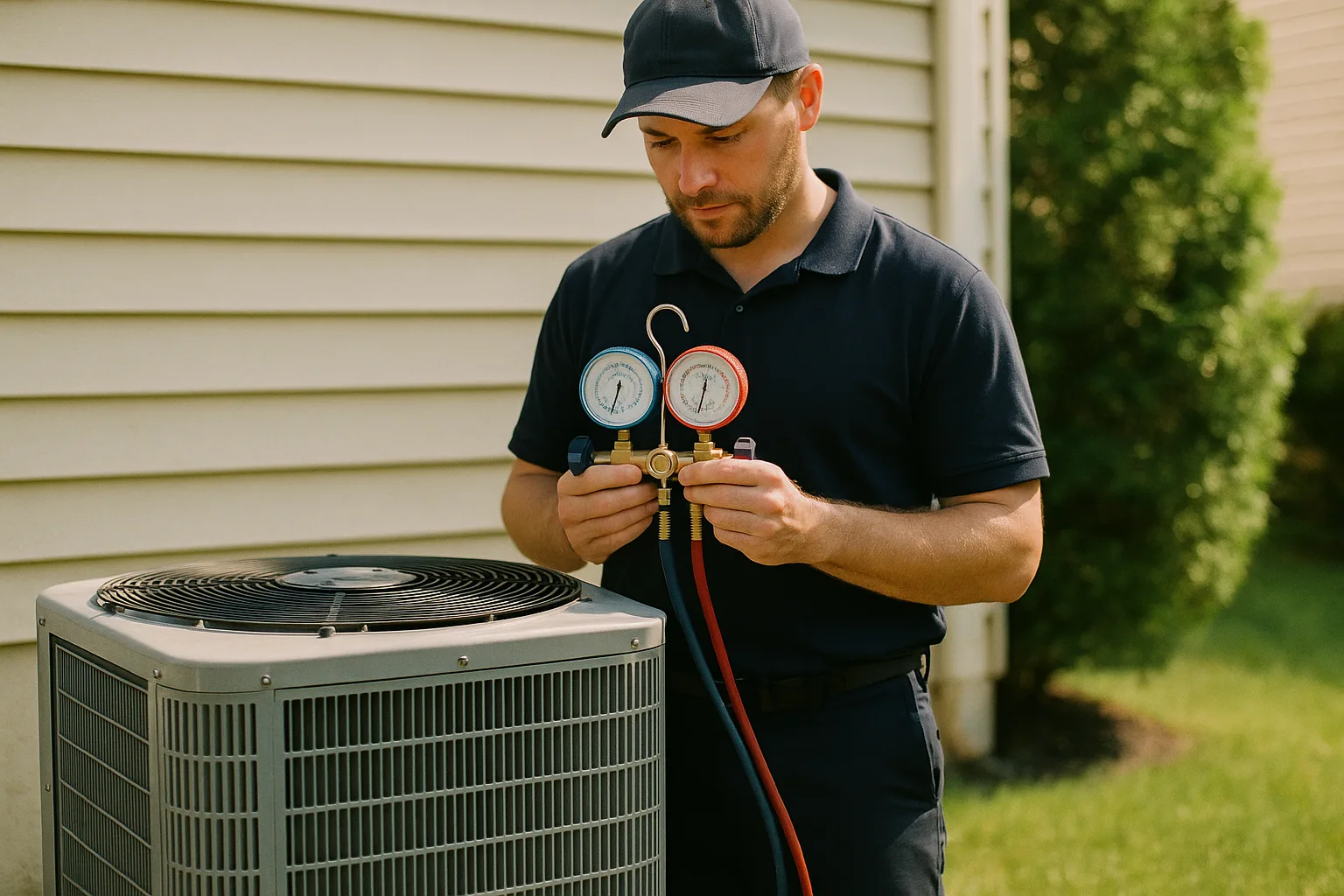 Precision Air technician reading refrigerant pressures on a manifold gauge set at an outdoor air conditioner condenser beside a Chester County home