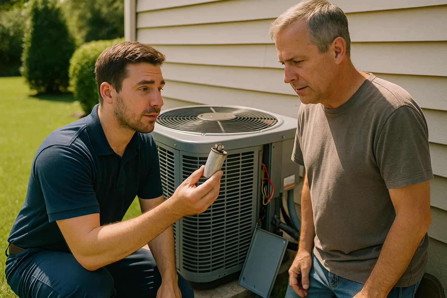 Precision Air technician showing a West Chester homeowner the failed swollen capacitor he pulled from their outdoor air conditioner condenser