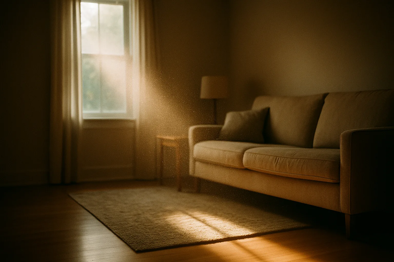 Fine household dust visible drifting in a shaft of early morning sunlight across a suburban living room | Precision Air