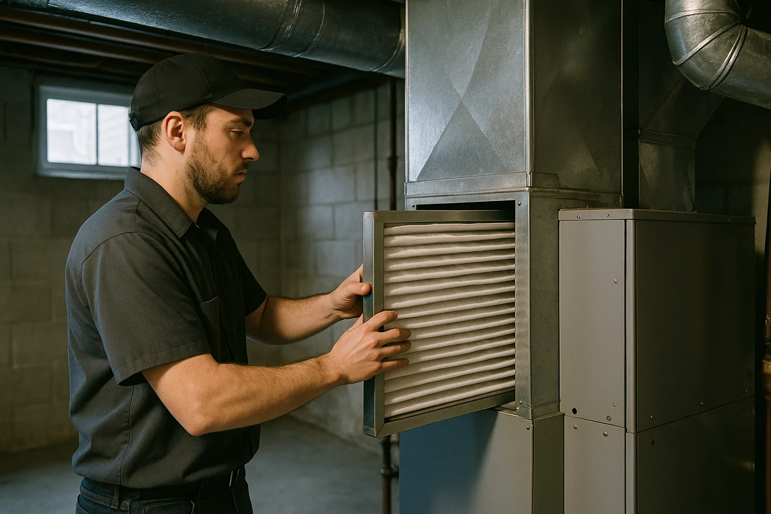 A Precision Air technician sliding a thick pleated filter into a whole-home air cleaner cabinet mounted on the return plenum of a Chester County basement furnace