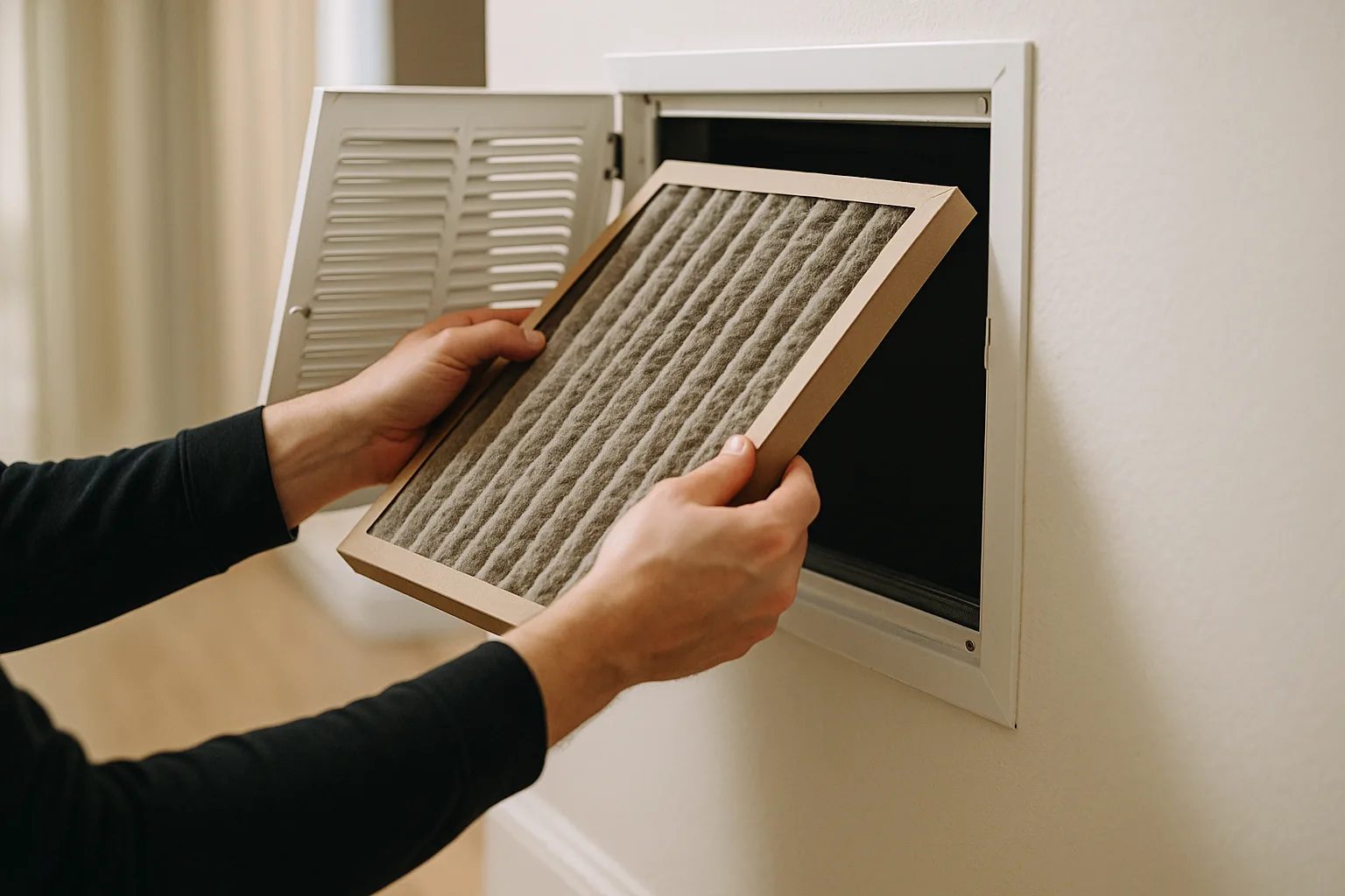 Hands drawing a grey dust-loaded pleated air filter out of an open return-air grille in a Chester County home | Precision Air