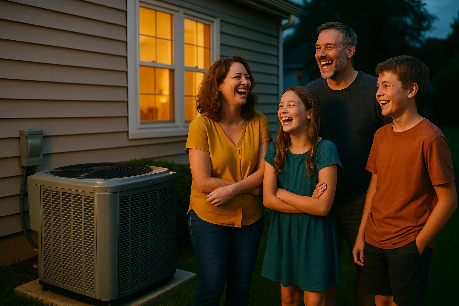 A family laughing together on the lawn at dusk beside their well-maintained outdoor air conditioner condenser, warm light glowing from the house windows | Precision Air